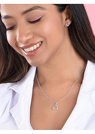 Toniq Casual Delicate Silver Plated Heart Charm With Chain And Earrings Set For Women