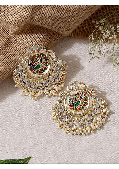 Multicolor Kundan Gold Plated Enamelled Peacock Chandbali Earring