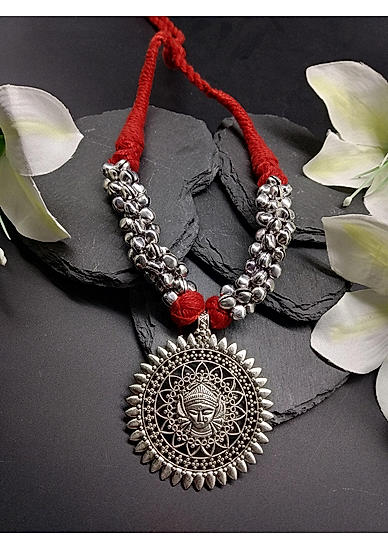 Silver-Toned Red Oxidised Sati Necklace