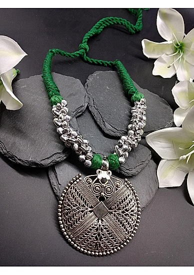 Silver-Toned Green Oxidised Dholki Necklace