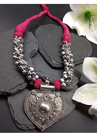 Silver-Toned Pink Oxidised Dhanu Necklace