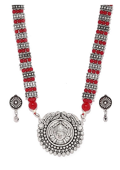 Silver-toned Red Jewellery Set