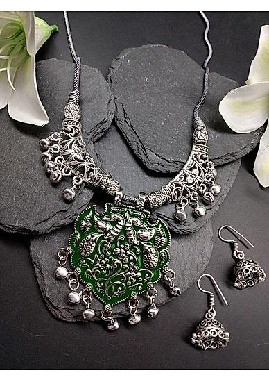 Set Of Oxidized Green Silver Toned Jewellery Set