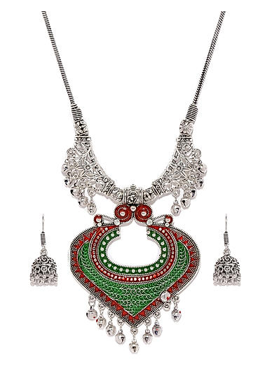 Silver-toned Red Jewellery Set