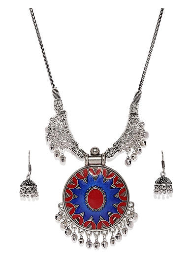 Silver-Toned Red Sudarshan Jewellery Set