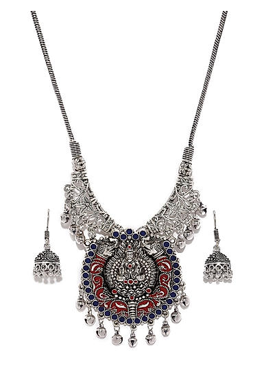 Silver Toned Red Oxidised Parvati Jewellery Set