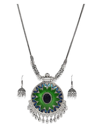 Silver-Toned, Green Blue Sudarshan Jewellery Set