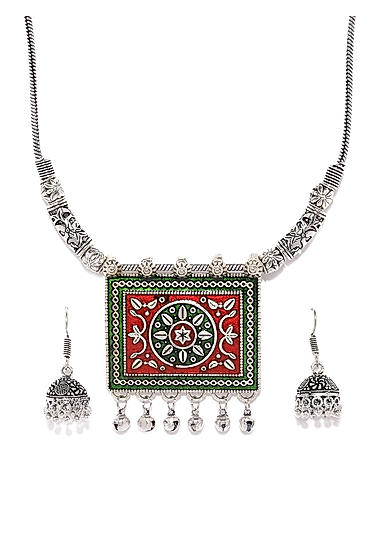 Silver-Toned Green Jewellery Set