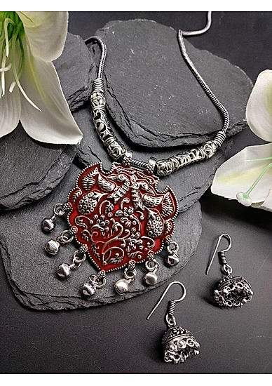 Silver-toned Red Jewellery Set