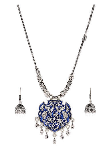 Silver Toned Blue Meenakari Enamelled Jewellery Set