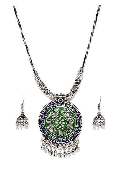 Silver-toned Green Jewellery Set