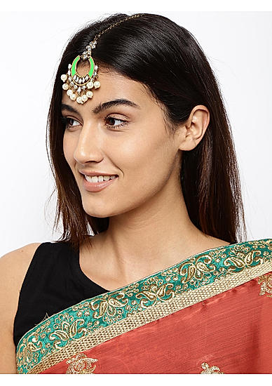 Gold-Toned Green Kundan Handcrafted Maang Tikka