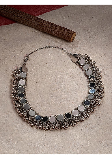 Mirror Ghungroo Silver Plated Oxidised Choker Necklace