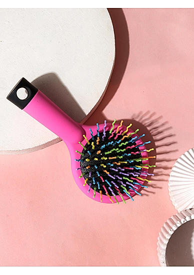 Pink Multicolor Paddle Hair Brush With Mirror