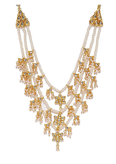 Gold-Toned White Beaded Statement Necklace