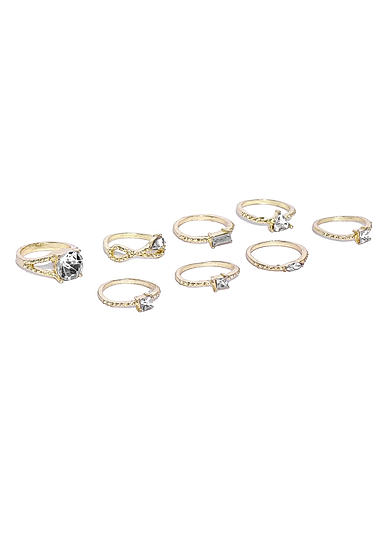 Set Of 8 Gold Tone Stone Studded Rings For Women