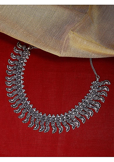 Metal Beaded Silver Plated Oxidised Leaf Statement Necklace