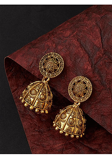 Gold Plated Temple Floral Jhumka Earring