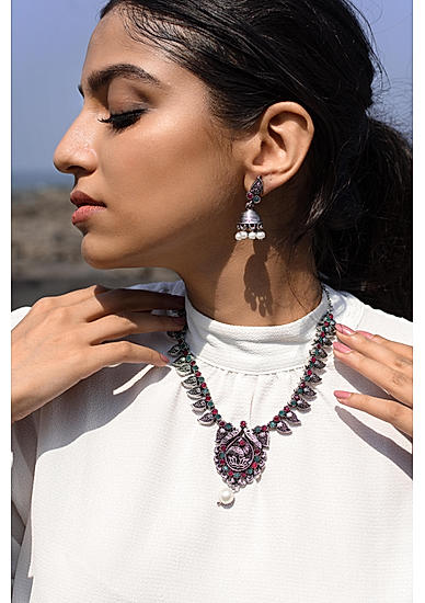 Silver-Toned Peacock Designed Oxidised Jewellery Set