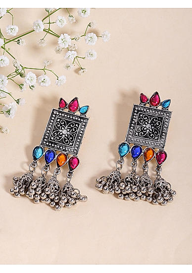 Multicolor Stones Silver Plated Oxidised Floral Jhumka Earring