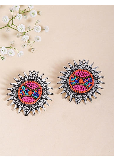 Multicolor Beads Silver Plated Oxidised Stud Earring