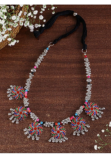 Ghungroo Multicolor Metal Beaded Enamelled Floral Necklace 