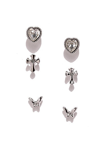 Silver Tone Set Of 3 Stud Earrings For Girls