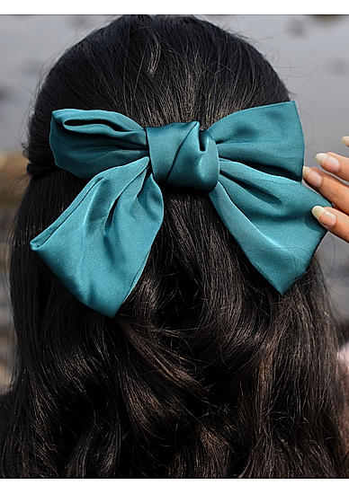 Toniq Bianca Green Satin Barette Bow Hair Clip For Women