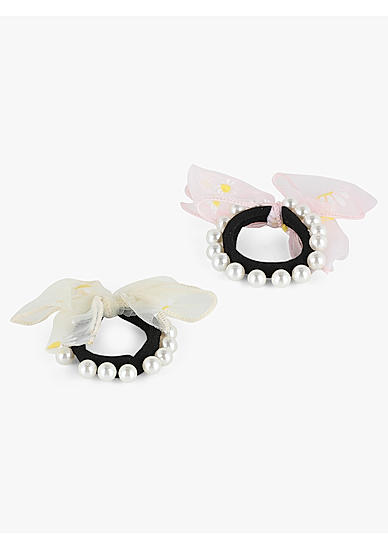 Toniq Kids Set Of 2 Pink And Cream Pearl Embellished Rubber Band For Girls