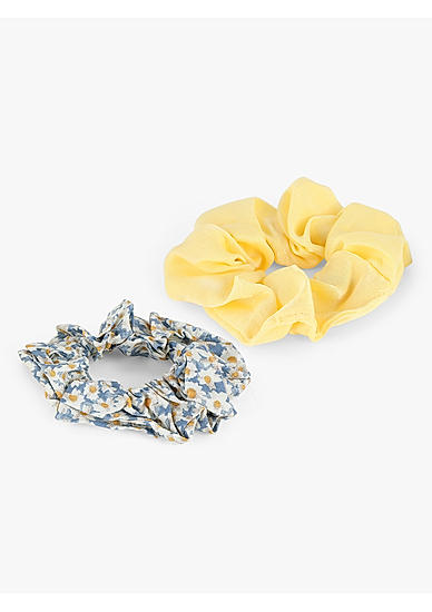 Set Of 2 Yellow and Blue Floral Printed Kids Scrunchie Rubber Band 