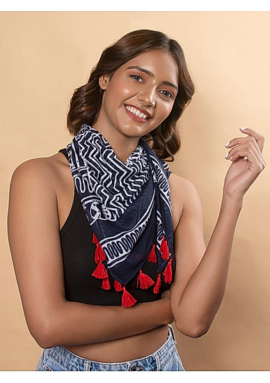 Navy Blue White Printed Red Tasseled Square Scarf
