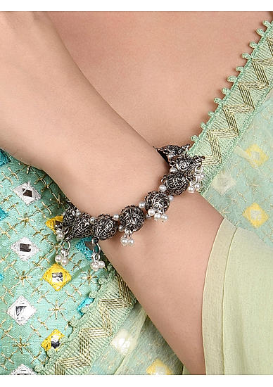 Fida Ethinic Silver Plated Oxidised Dome Shaped Pearl Studded Kada Bracelet For Women