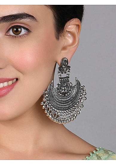 Fida Ethinic Silver Plated Oxidised Textured Chandbali Earrings For Women