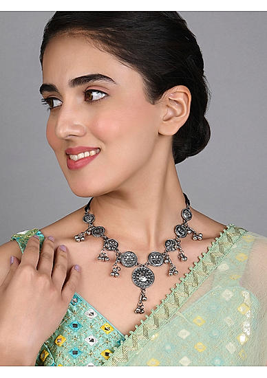 Fida Ethinic Silver Plated Floral Oxidised Necklace For Women