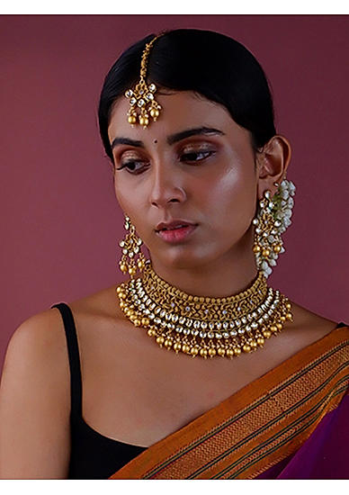 Kundan Pearls Gold Plated Floral Choker Set with Maangtikka