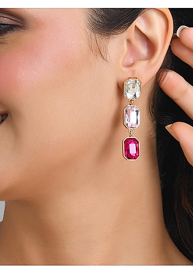 ToniQ Stylish Pink Gem Stone 3 Tiered Drop Earrings for women