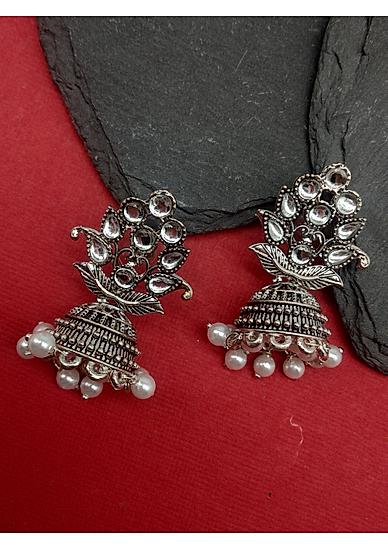 Kundan Silver Plated Oxidised Leaf Jhumka Earring