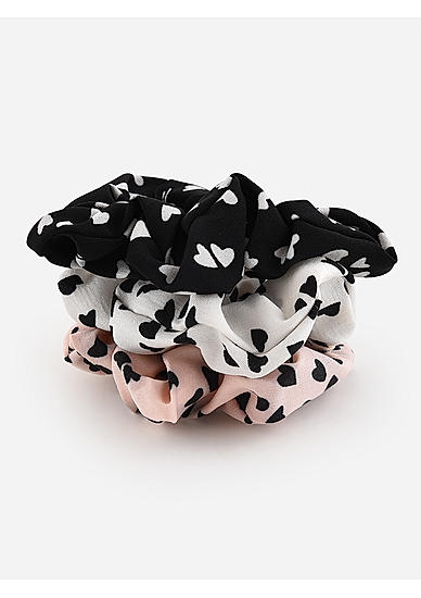 Toniq Kids Set Of 3 Black,White and Pink Heart Printed Hair Scrunchie Rubber Band For Girls