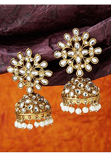 Kundan Beads Gold Plated Floral Jhumka Earring