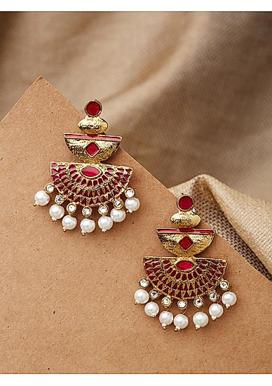 Ethnic Indian Traditional Gold,Pink Drop Earrings For Women