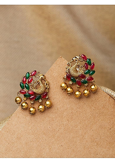 Ruby Emerald Gold Plated Peacock Stud Earring