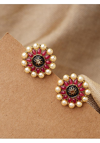 Ruby Pearl Black Enamelled Gold Plated Floral Stud Earrings