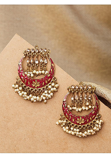 Kundan Beads Pink Enamelled Floral Chandbali Earring