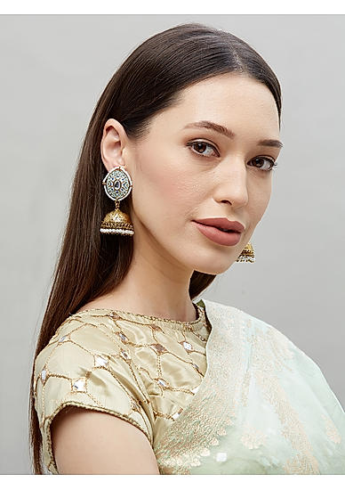 Ethnic Indian Traditional Elegant Pearl Embellished Baby Blue  Jhumka Earrings For Women