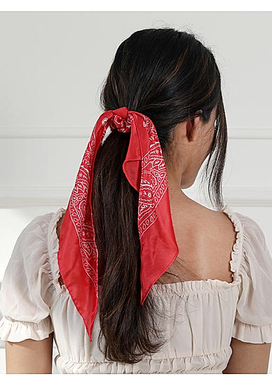 Red White Paisley Printed Scarf Satin Scrunchie 