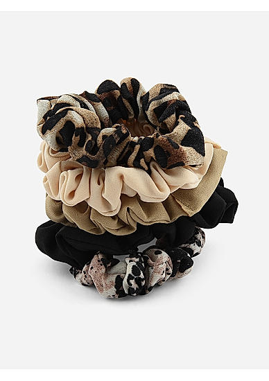 Set Of 5 Multicolor Solid & Animal Printed Scrunchie Rubber Band