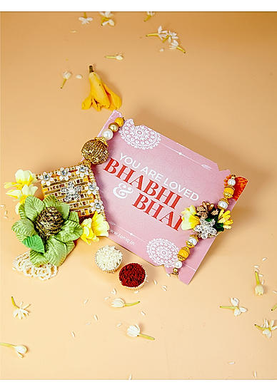 Fida Designer Handmade Yellow and Green Floral Pearl & Kundan Studed Bhaiya Bhabhi Rakhi |Lumba Rakhi for Bhabhi|Rakhi for Brother|Couple Rakhi Set Of 2|Rakhi with roli chawal
