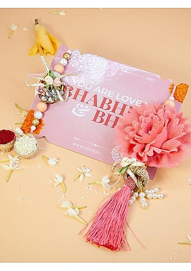 Fida Designer Handmade Pink Tassel Floral Pearl Bhaiya Bhabhi Rakhi |Lumba Rakhi for Bhabhi|Rakhi for Brother|Couple Rakhi Set Of 2|Rakhi with roli chawal