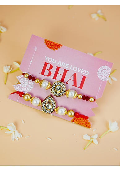 Fida Designer Handmade Red Pearl and artificial stone Studded Bhaiya Bhabhi Rakhi |Lumba Rakhi for Bhabhi|Rakhi for Brother|Couple Rakhi Set Of 2|Rakhi with roli chawal