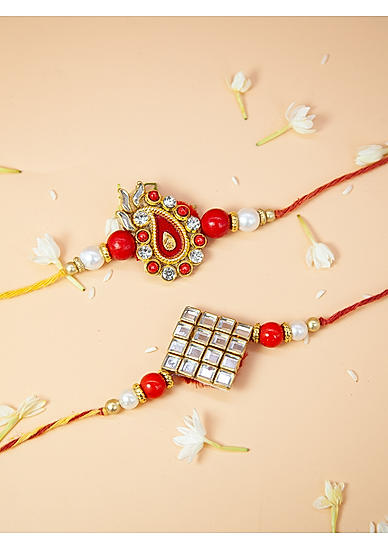 Fida Designer Handmade Red & Yellow pearl and artificial stone Studded Bhaiya Bhabhi Rakhi |Lumba Rakhi for Bhabhi|Rakhi for Brother|Couple Rakhi Set Of 2|Rakhi with roli chawal